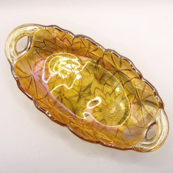 Indiana Glass Accents Vintage Marigold Floral Indiana Carnival Glass Oval Candy Dish Bowl